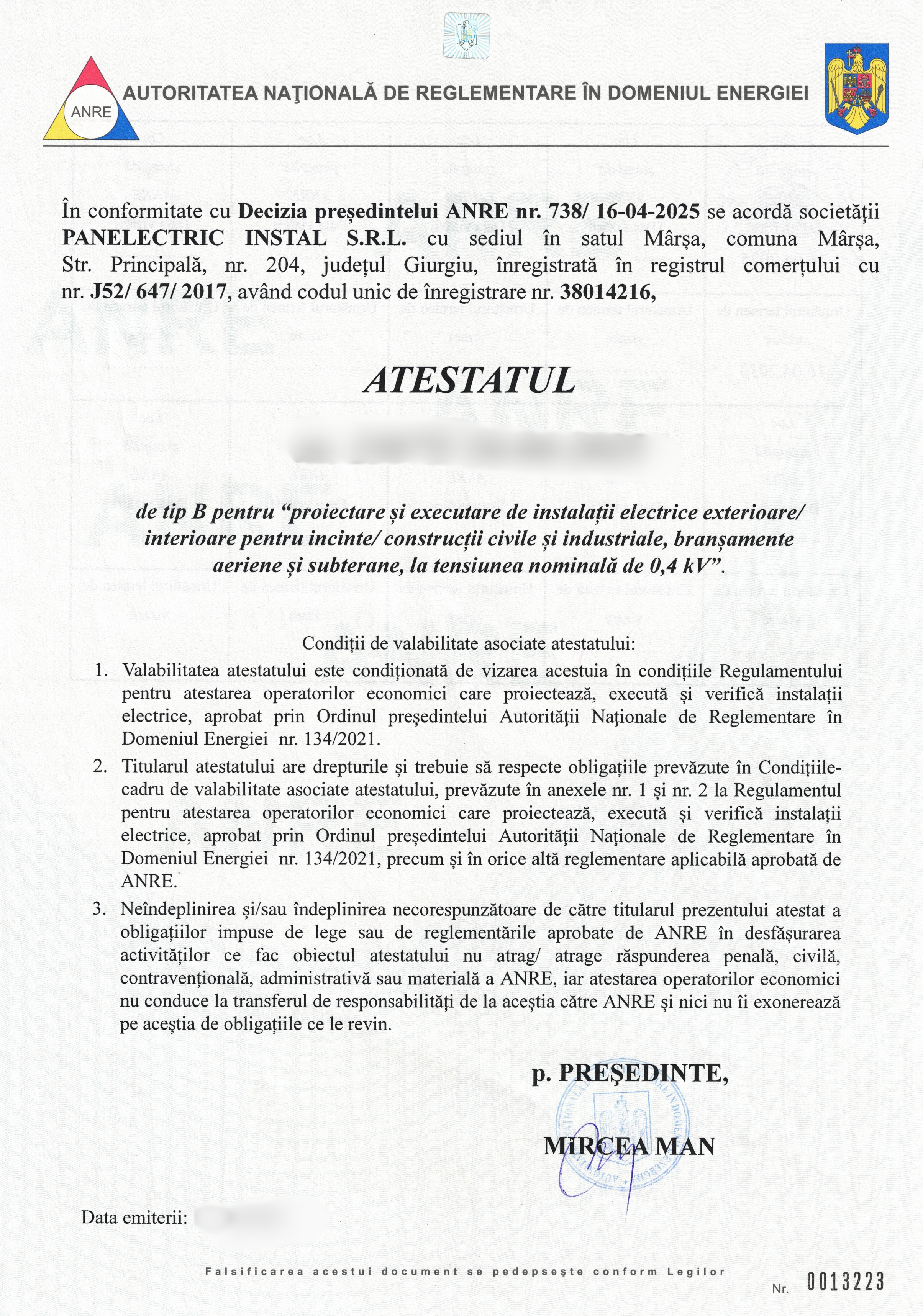 Autorizație ANRE Paninstal